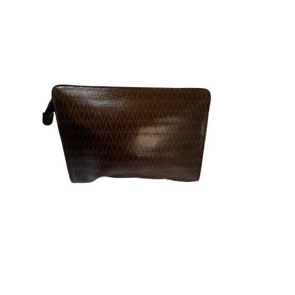 Authentic Valentino Brown Leather Monogram‎ Clutch Bag With Gold V Logo & Zipper - Picture 2 of 11